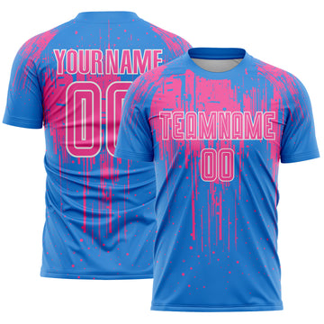 Custom Powder Blue Pink-White Dripping Splatte Pattern Sports Sublimation Soccer Uniform Jersey
