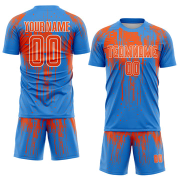 Custom Powder Blue Orange-White Dripping Splatte Pattern Sports Sublimation Soccer Uniform Jersey