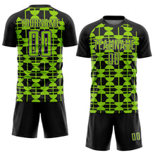 Laden Sie das Bild in den Galerie-Viewer, Custom Black Neon Green-Purple Geometric Shapes Sports Sublimation Soccer Uniform Jersey

