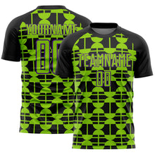Laden Sie das Bild in den Galerie-Viewer, Custom Black Neon Green-Purple Geometric Shapes Sports Sublimation Soccer Uniform Jersey
