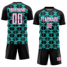 Load image into Gallery viewer, Custom Black White Aqua-Pink Geometric Shapes Sports Sublimation Soccer Uniform Jersey
