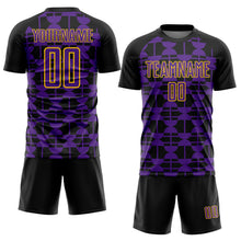 Laden Sie das Bild in den Galerie-Viewer, Custom Black Purple-Yellow Geometric Shapes Sports Sublimation Soccer Uniform Jersey
