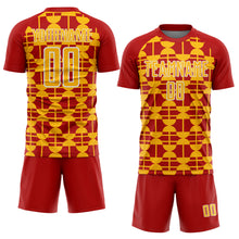 Laden Sie das Bild in den Galerie-Viewer, Custom Red Gold-White Geometric Shapes Sports Sublimation Soccer Uniform Jersey
