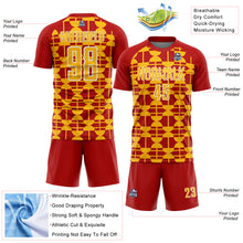 Laden Sie das Bild in den Galerie-Viewer, Custom Red Gold-White Geometric Shapes Sports Sublimation Soccer Uniform Jersey
