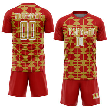 Custom Red Old Gold-White Geometric Shapes Sports Sublimation Soccer Uniform Jersey