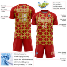Laden Sie das Bild in den Galerie-Viewer, Custom Red Old Gold-White Geometric Shapes Sports Sublimation Soccer Uniform Jersey
