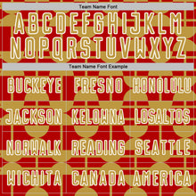 Laden Sie das Bild in den Galerie-Viewer, Custom Red Old Gold-White Geometric Shapes Sports Sublimation Soccer Uniform Jersey
