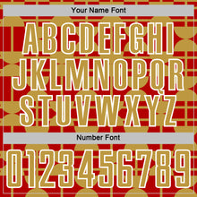 Laden Sie das Bild in den Galerie-Viewer, Custom Red Old Gold-White Geometric Shapes Sports Sublimation Soccer Uniform Jersey
