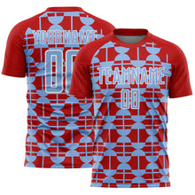 Laden Sie das Bild in den Galerie-Viewer, Custom Red Light Blue-White Geometric Shapes Sports Sublimation Soccer Uniform Jersey
