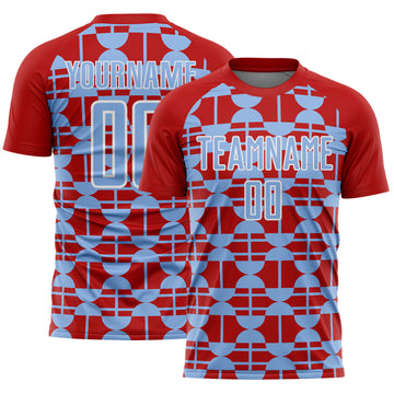Custom Red Light Blue-White Geometric Shapes Sports Sublimation Soccer Uniform Jersey