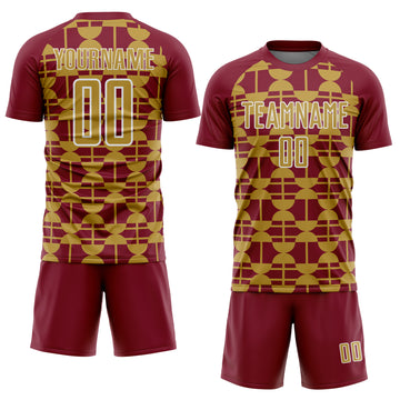 Custom Crimson Old Gold-White Geometric Shapes Sports Sublimation Soccer Uniform Jersey
