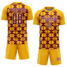 Laden Sie das Bild in den Galerie-Viewer, Custom Gold Crimson-White Geometric Shapes Sports Sublimation Soccer Uniform Jersey
