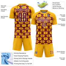 Laden Sie das Bild in den Galerie-Viewer, Custom Gold Crimson-White Geometric Shapes Sports Sublimation Soccer Uniform Jersey
