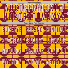 Laden Sie das Bild in den Galerie-Viewer, Custom Gold Crimson-White Geometric Shapes Sports Sublimation Soccer Uniform Jersey
