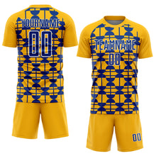 Laden Sie das Bild in den Galerie-Viewer, Custom Gold Royal-White Geometric Shapes Sports Sublimation Soccer Uniform Jersey
