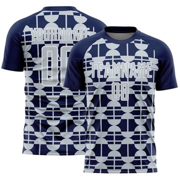 Custom Navy Silver-White Geometric Shapes Sports Sublimation Soccer Uniform Jersey