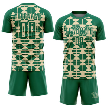 Custom Kelly Green Cream Geometric Shapes Sports Sublimation Soccer Uniform Jersey