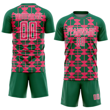 Custom Kelly Green Neon Pink-White Geometric Shapes Sports Sublimation Soccer Uniform Jersey