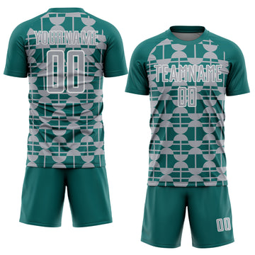 Custom Teal Gray-White Geometric Shapes Sports Sublimation Soccer Uniform Jersey