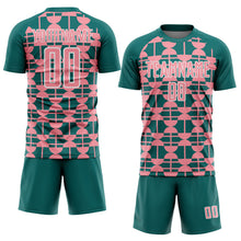 Laden Sie das Bild in den Galerie-Viewer, Custom Teal Medium Pink-White Geometric Shapes Sports Sublimation Soccer Uniform Jersey
