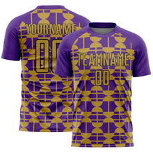 Laden Sie das Bild in den Galerie-Viewer, Custom Purple Old Gold-Black Geometric Shapes Sports Sublimation Soccer Uniform Jersey
