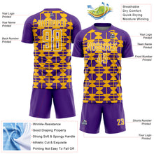 Laden Sie das Bild in den Galerie-Viewer, Custom Purple Gold-White Geometric Shapes Sports Sublimation Soccer Uniform Jersey
