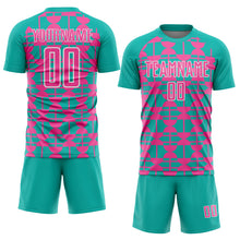 Загрузить изображение в средство просмотра галереи, Custom Aqua Pink-White Geometric Shapes Sports Sublimation Soccer Uniform Jersey
