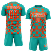 Laden Sie das Bild in den Galerie-Viewer, Custom Aqua Orange-White Geometric Shapes Sports Sublimation Soccer Uniform Jersey
