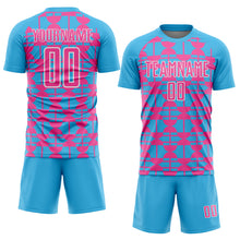Загрузить изображение в средство просмотра галереи, Custom Sky Blue Pink-White Geometric Shapes Sports Sublimation Soccer Uniform Jersey
