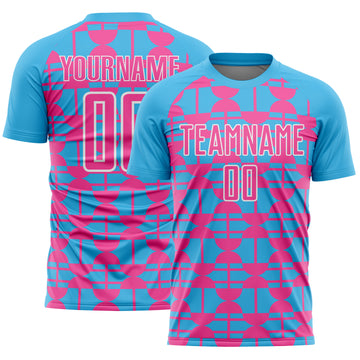 Custom Sky Blue Pink-White Geometric Shapes Sports Sublimation Soccer Uniform Jersey