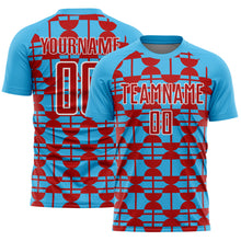 Laden Sie das Bild in den Galerie-Viewer, Custom Sky Blue Red-White Geometric Shapes Sports Sublimation Soccer Uniform Jersey
