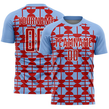 Custom Light Blue Red-White Geometric Shapes Sports Sublimation Soccer Uniform Jersey