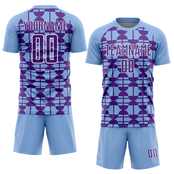 Custom Light Blue Purple-White Geometric Shapes Sports Sublimation Soccer Uniform Jersey