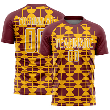 Custom Burgundy Gold-White Geometric Shapes Sports Sublimation Soccer Uniform Jersey