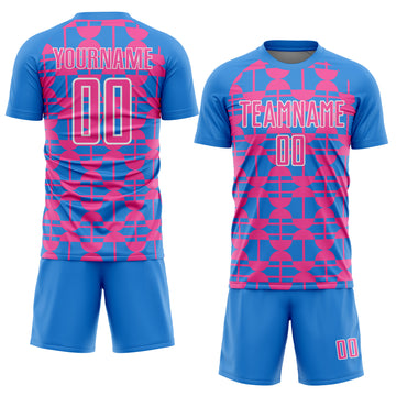 Custom Powder Blue Pink-White Geometric Shapes Sports Sublimation Soccer Uniform Jersey