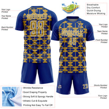 Загрузить изображение в средство просмотра галереи, Custom Royal Old Gold-White Geometric Shapes Sports Sublimation Soccer Uniform Jersey
