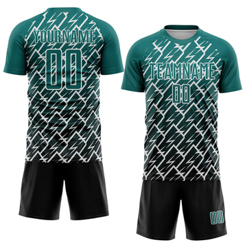 Custom Teal Black-White Lightning Sports Sublimation Soccer Uniform Jersey