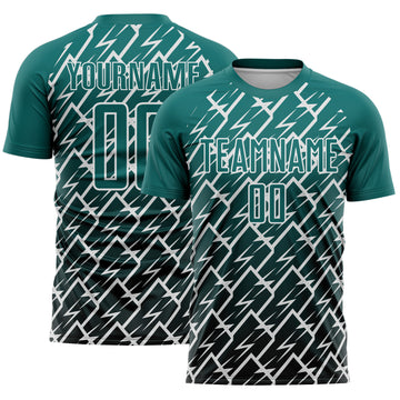 Custom Teal Black-White Lightning Sports Sublimation Soccer Uniform Jersey