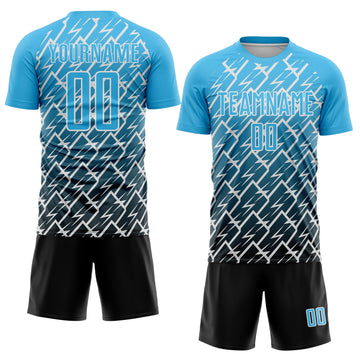 Custom Sky Blue Black-White Lightning Sports Sublimation Soccer Uniform Jersey