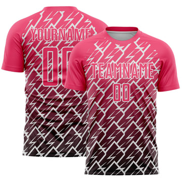 Custom Neon Pink Black-White Lightning Sports Sublimation Soccer Uniform Jersey