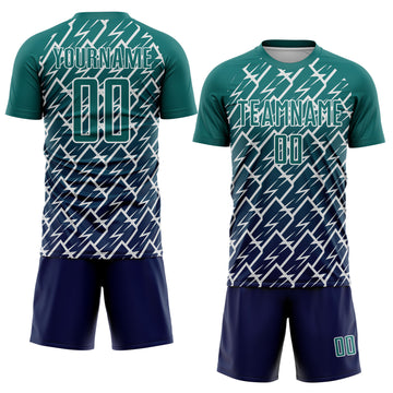 Custom Teal Navy-White Lightning Sports Sublimation Soccer Uniform Jersey