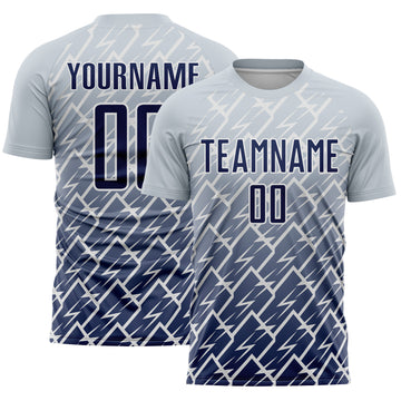 Custom Silver Navy-White Lightning Sports Sublimation Soccer Uniform Jersey