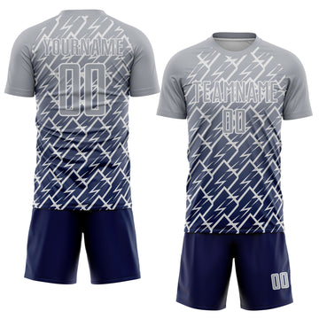 Custom Gray Navy-White Lightning Sports Sublimation Soccer Uniform Jersey