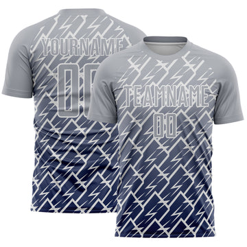 Custom Gray Navy-White Lightning Sports Sublimation Soccer Uniform Jersey