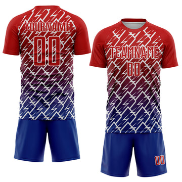 Custom Red Royal-White Lightning Sports Sublimation Soccer Uniform Jersey
