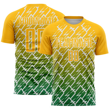 Custom Gold Kelly Green-White Lightning Sports Sublimation Soccer Uniform Jersey