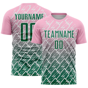 Custom Light Pink Kelly Green-White Lightning Sports Sublimation Soccer Uniform Jersey