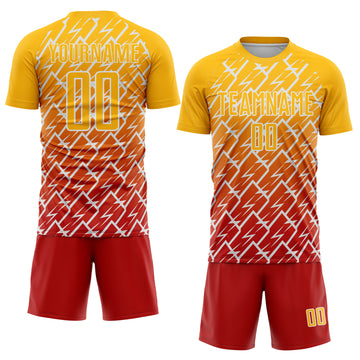 Custom Gold Red-White Lightning Sports Sublimation Soccer Uniform Jersey