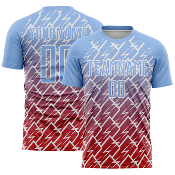 Custom Light Blue Red-White Lightning Sports Sublimation Soccer Uniform Jersey