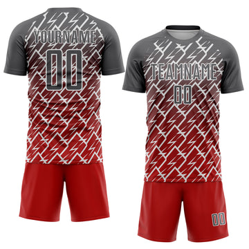 Custom Steel Gray Red-White Lightning Sports Sublimation Soccer Uniform Jersey